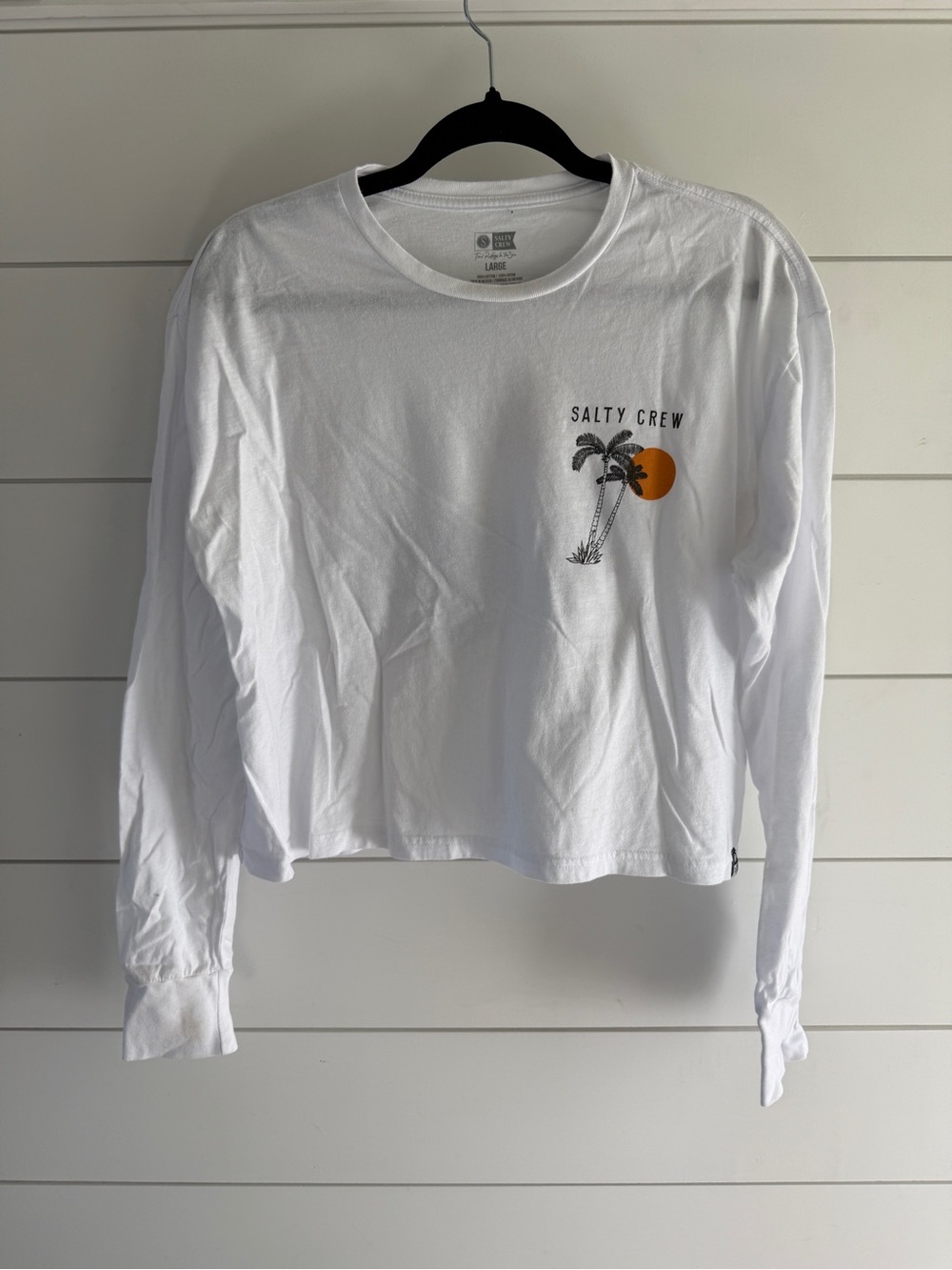 Salty Crew Cropped White Long Sleeve Tee with Palm & Orange Sun